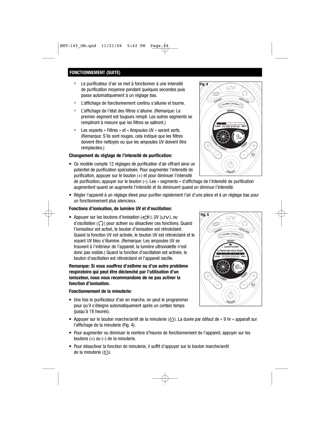 FujiFilm HHT145 Fonctionnement Suite, Changement du réglage de l’intensité de purification, Fonctionnement de la minuterie 