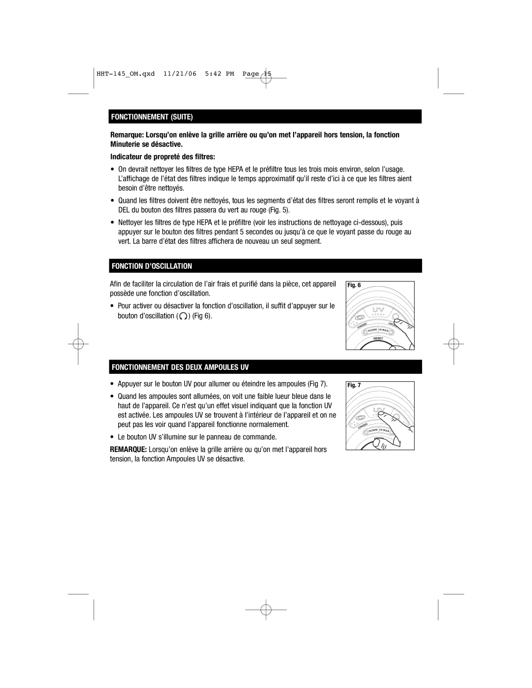 FujiFilm HHT145 important safety instructions Fonction D’OSCILLATION, Fonctionnement DES Deux Ampoules UV 