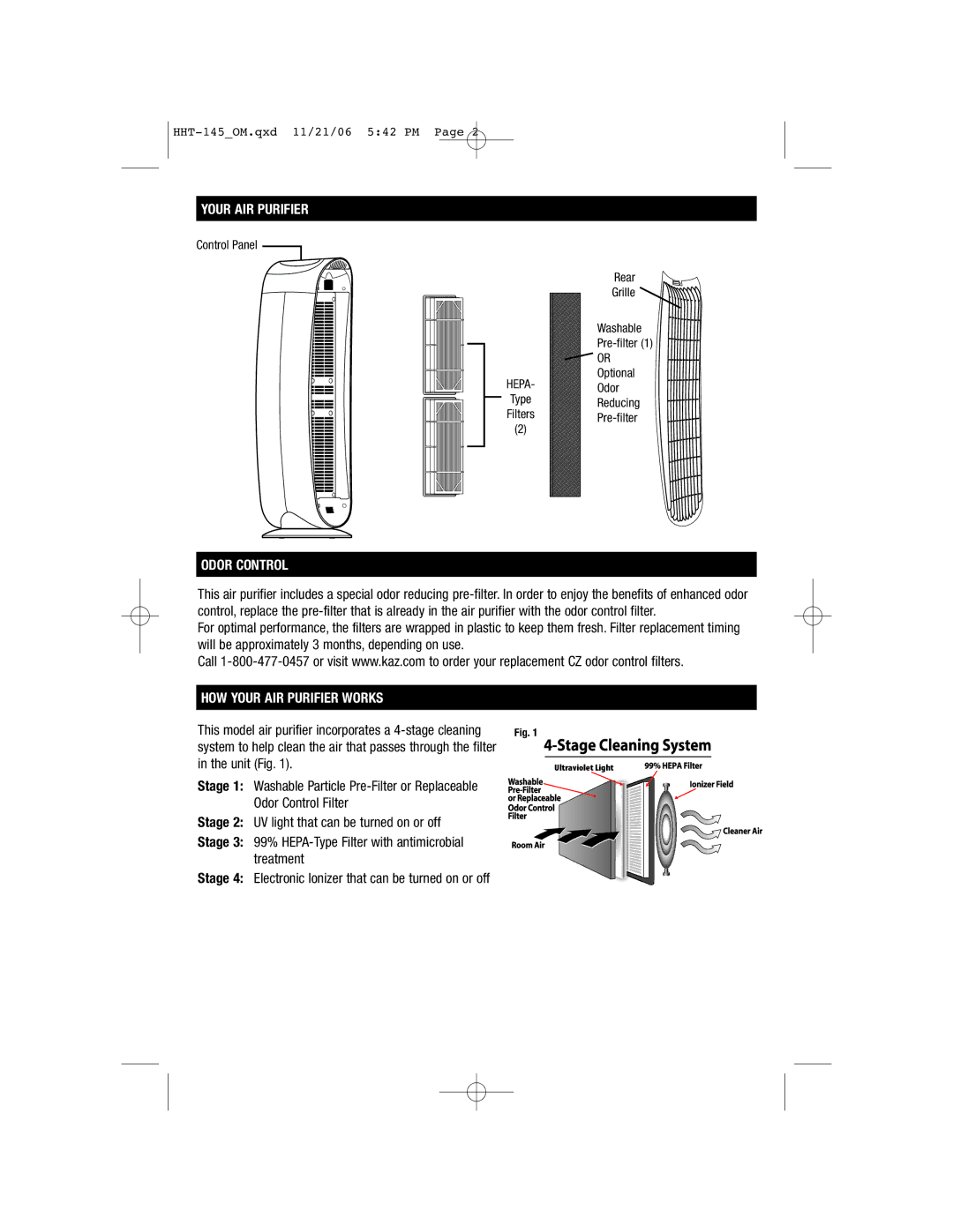 FujiFilm HHT145 important safety instructions Odor Control, HOW Your AIR Purifier Works, Unit Fig 