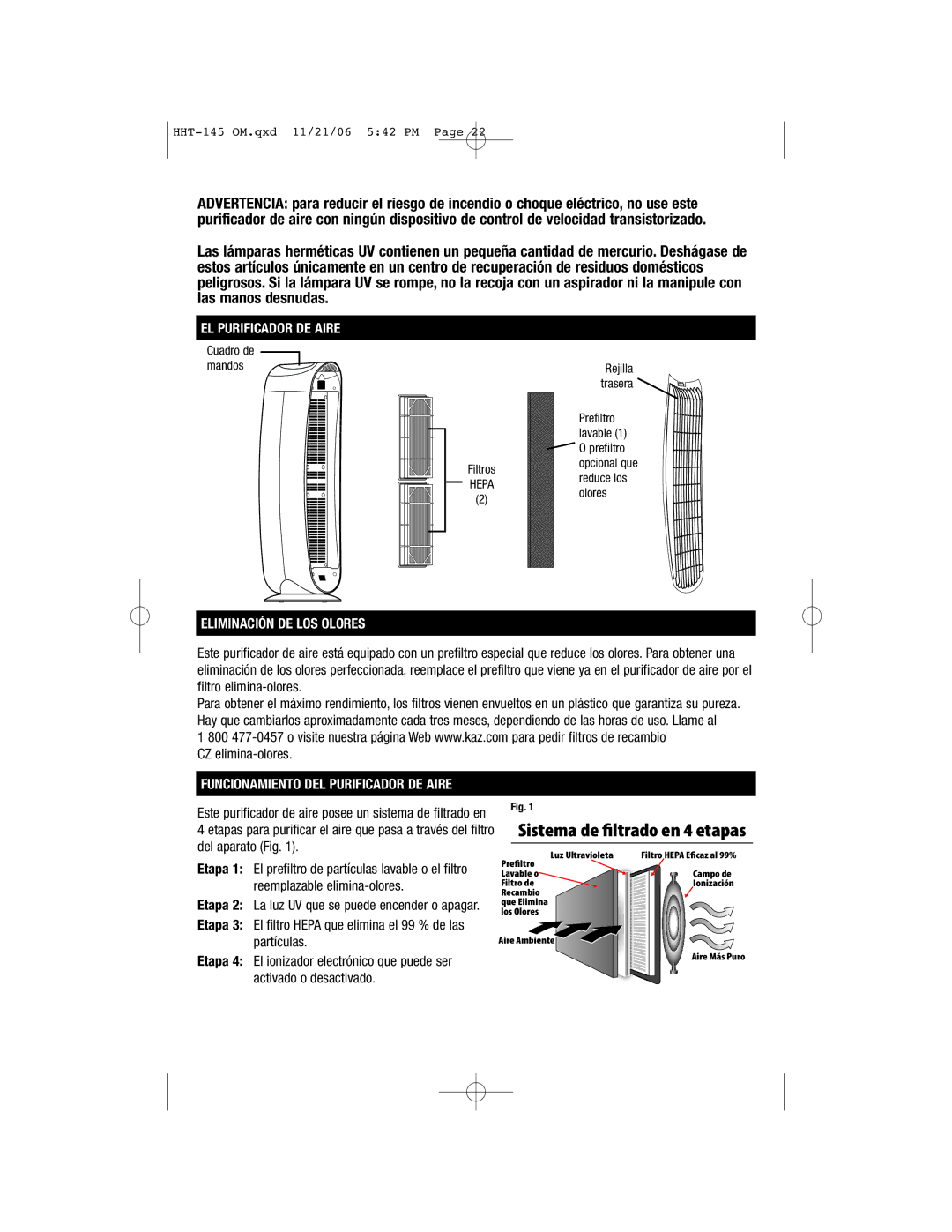 FujiFilm HHT145 important safety instructions Eliminación DE LOS Olores, Funcionamiento DEL Purificador DE Aire 