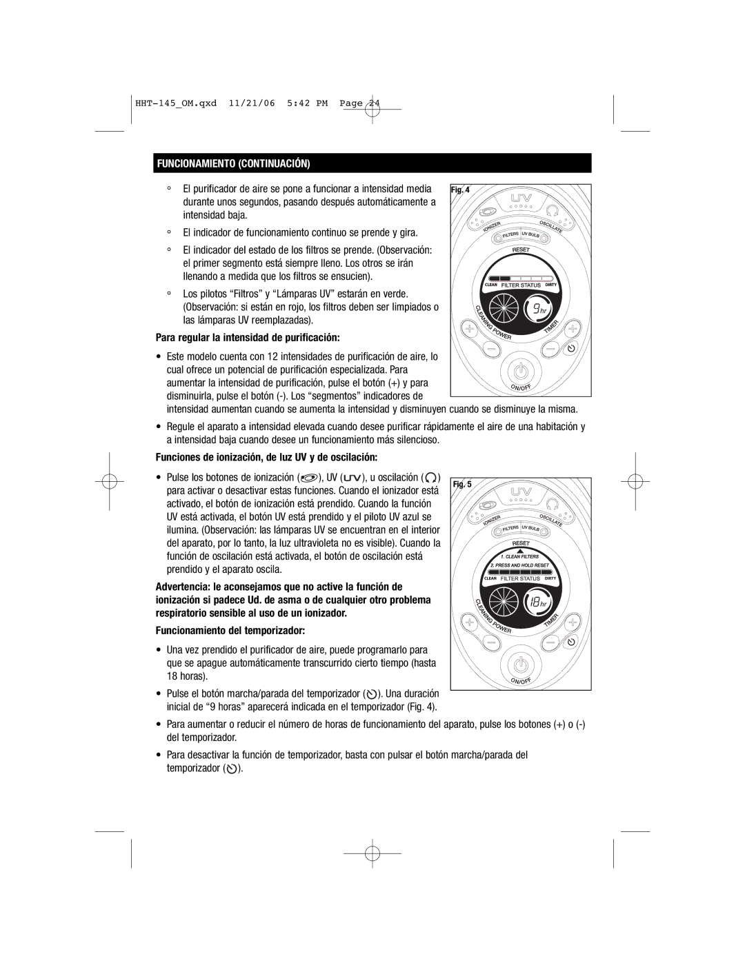 FujiFilm HHT145 Funcionamiento Continuación, Para regular la intensidad de purificación, Funcionamiento del temporizador 