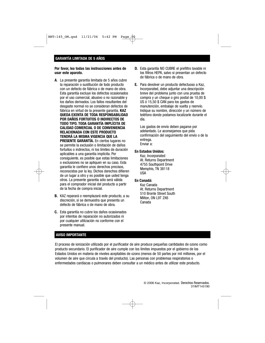 FujiFilm HHT145 important safety instructions Garantía Limitada DE 5 Años, En Estados Unidos, En Canadá 