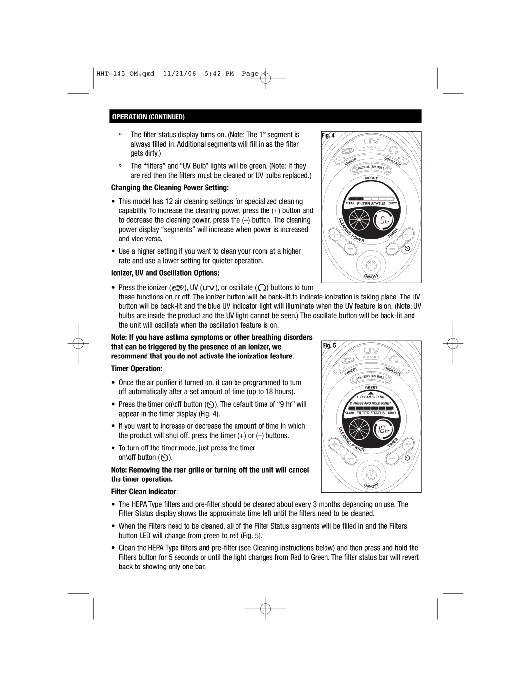 FujiFilm HHT145 Changing the Cleaning Power Setting, Ionizer, UV and Oscillation Options, Timer Operation 