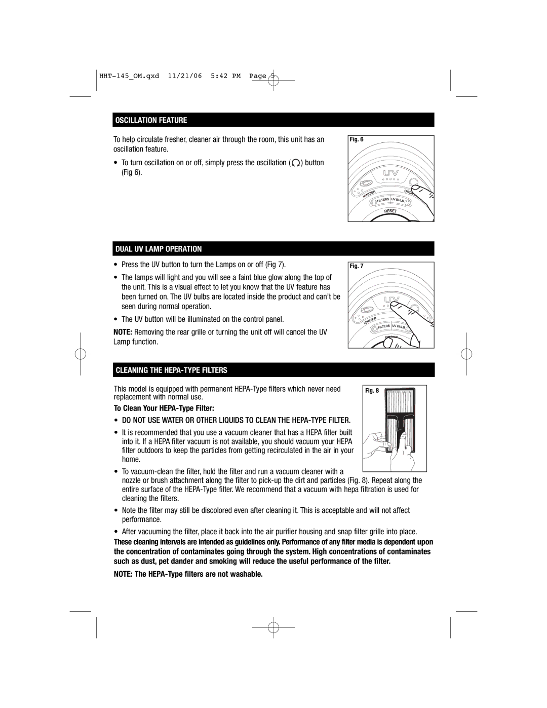 FujiFilm HHT145 important safety instructions Oscillation Feature, Dual UV Lamp Operation, Cleaning the HEPA-TYPE Filters 