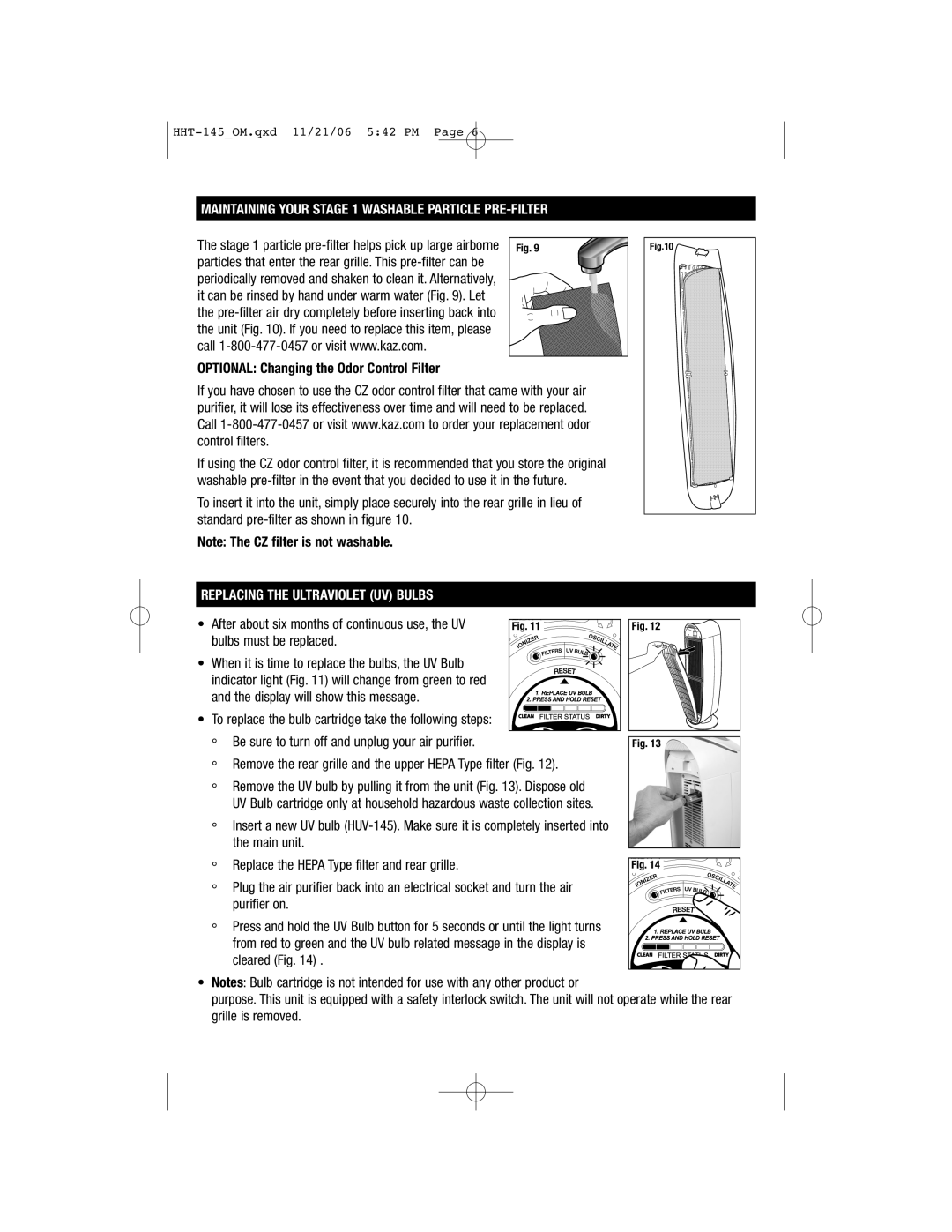 FujiFilm HHT145 Maintaining Your Stage 1 Washable Particle PRE-FILTER, Optional Changing the Odor Control Filter 