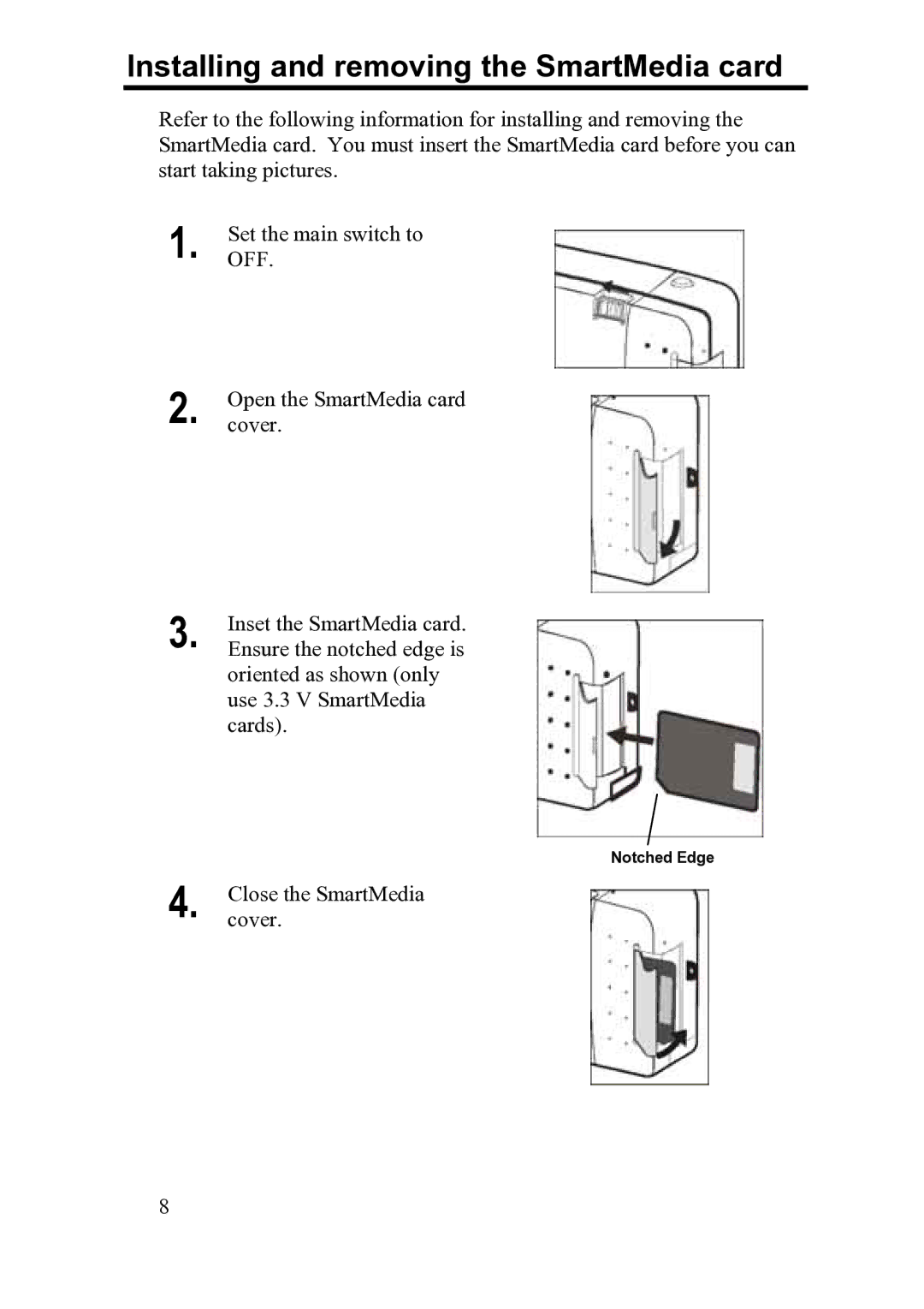 FujiFilm ix-10 manual Installing and removing the SmartMedia card 