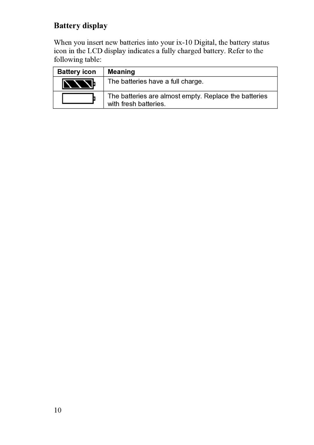 FujiFilm ix-10 manual Battery display, Battery icon Meaning 