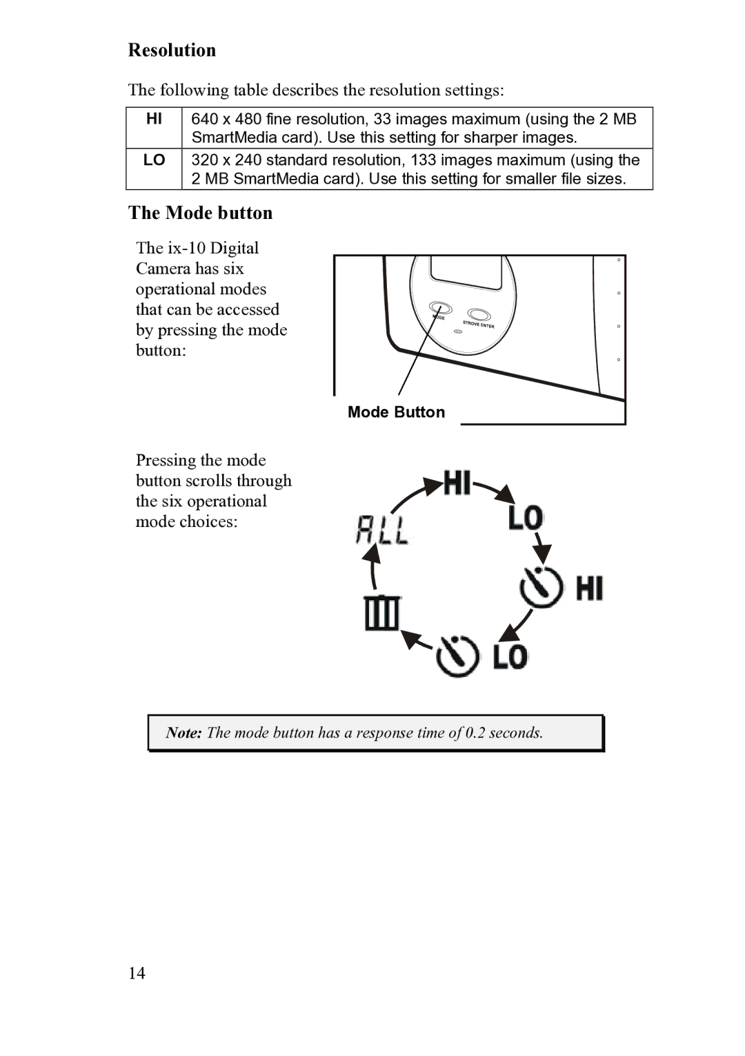 FujiFilm ix-10 manual Resolution, Mode button 