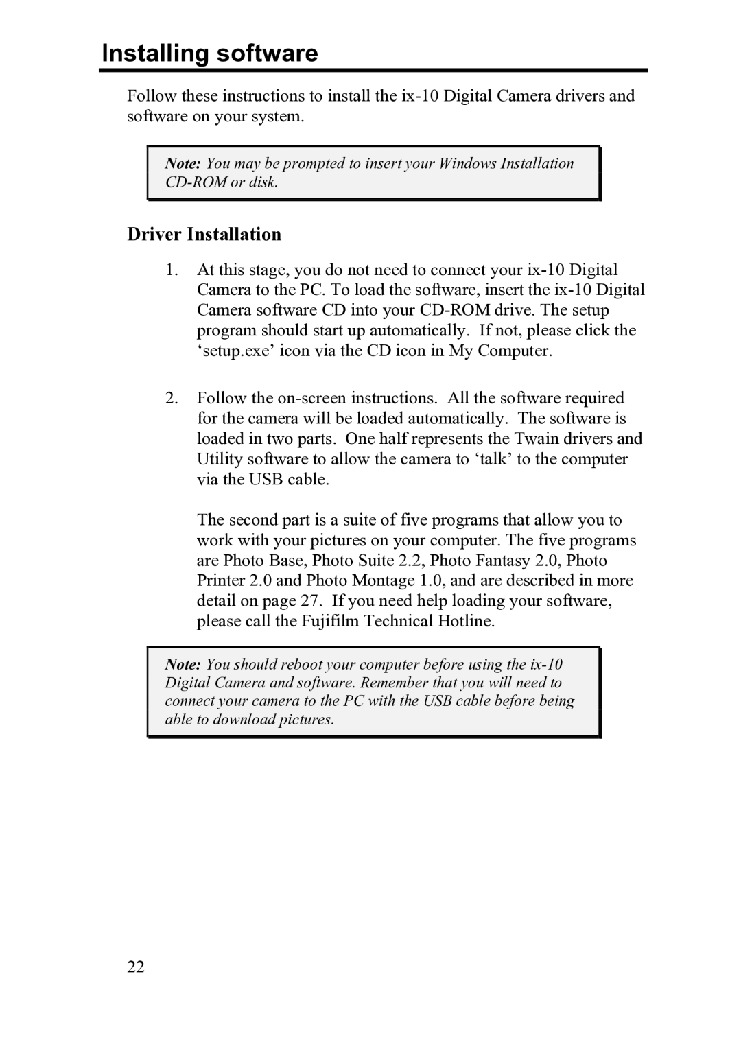 FujiFilm ix-10 manual Installing software, Driver Installation 