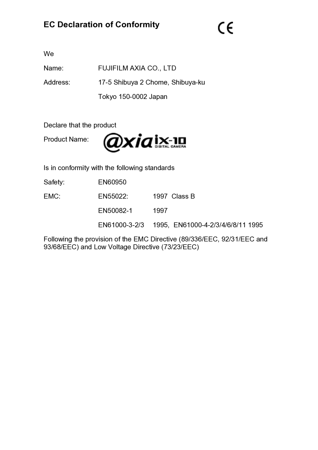 FujiFilm ix-10 manual EC Declaration of Conformity 