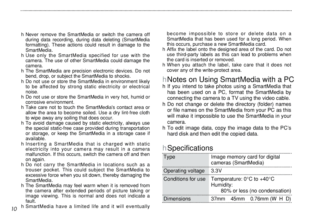 FujiFilm iX-100 user manual HNotes on Using SmartMedia with a PC, HSpecifications 