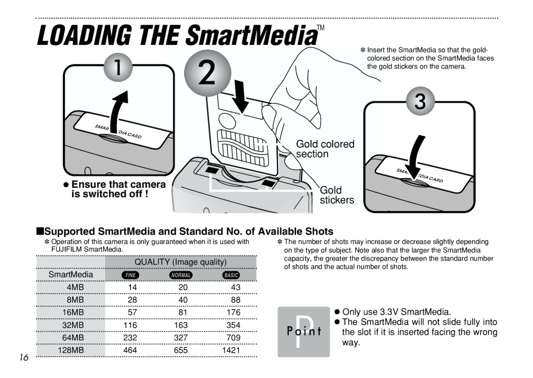 FujiFilm iX-100 user manual Ensure that camera, Is switched off, Supported SmartMedia and Standard No. of Available Shots 