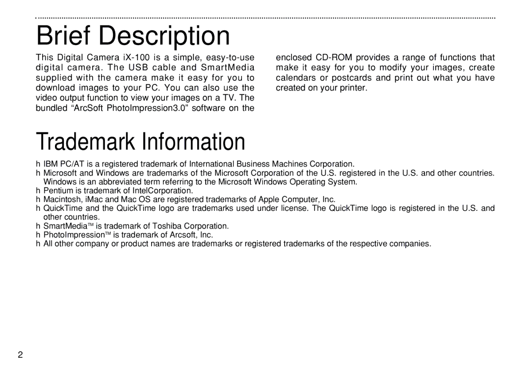 FujiFilm iX-100 user manual Brief Description, Trademark Information 