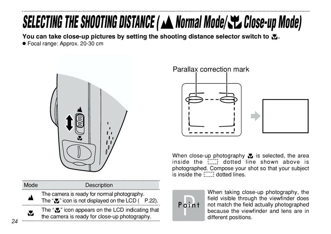 FujiFilm iX-100 user manual Selecting the Shooting Distance jNormal Mode/pClose-up Mode 