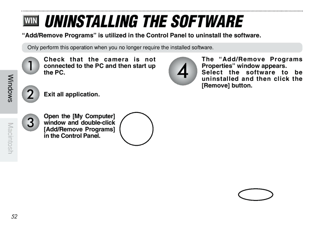 FujiFilm iX-100 user manual Open the My Computer, Add/Remove Programs, Properties window appears, Select the software to be 