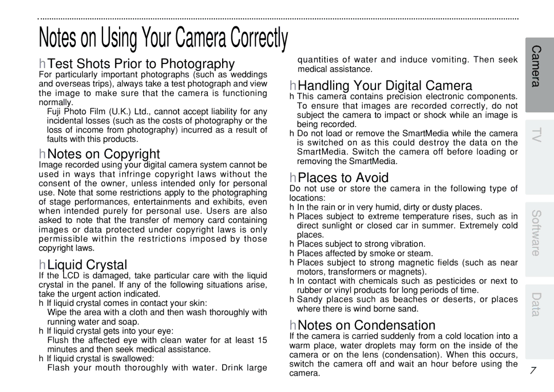 FujiFilm iX-100 HTest Shots Prior to Photography, HNotes on Copyright, HLiquid Crystal, HHandling Your Digital Camera 