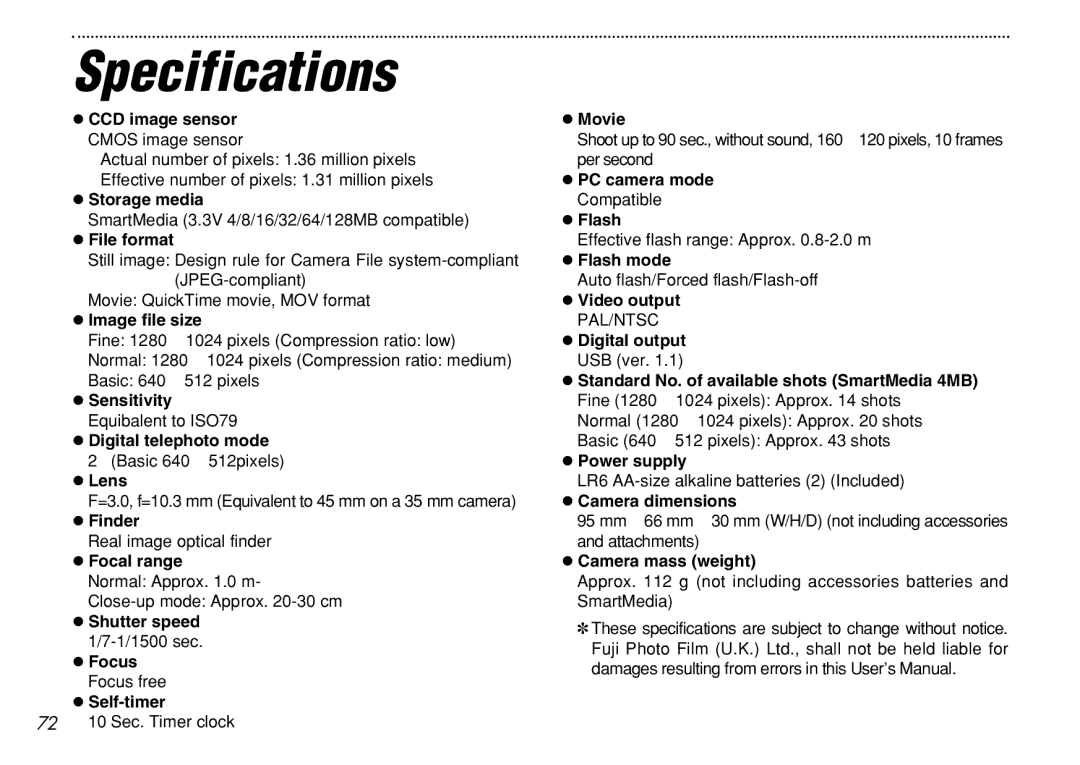 FujiFilm iX-100 user manual Specifications, CCD image sensor Movie 