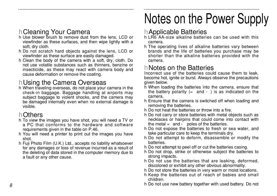 FujiFilm iX-100 HCleaning Your Camera, HUsing the Camera Overseas, HOthers, HApplicable Batteries, HNotes on the Batteries 