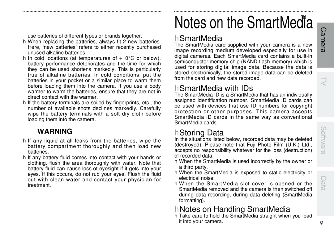 FujiFilm iX-100 user manual HSmartMedia with IDs, HStoring Data, HNotes on Handling SmartMedia 