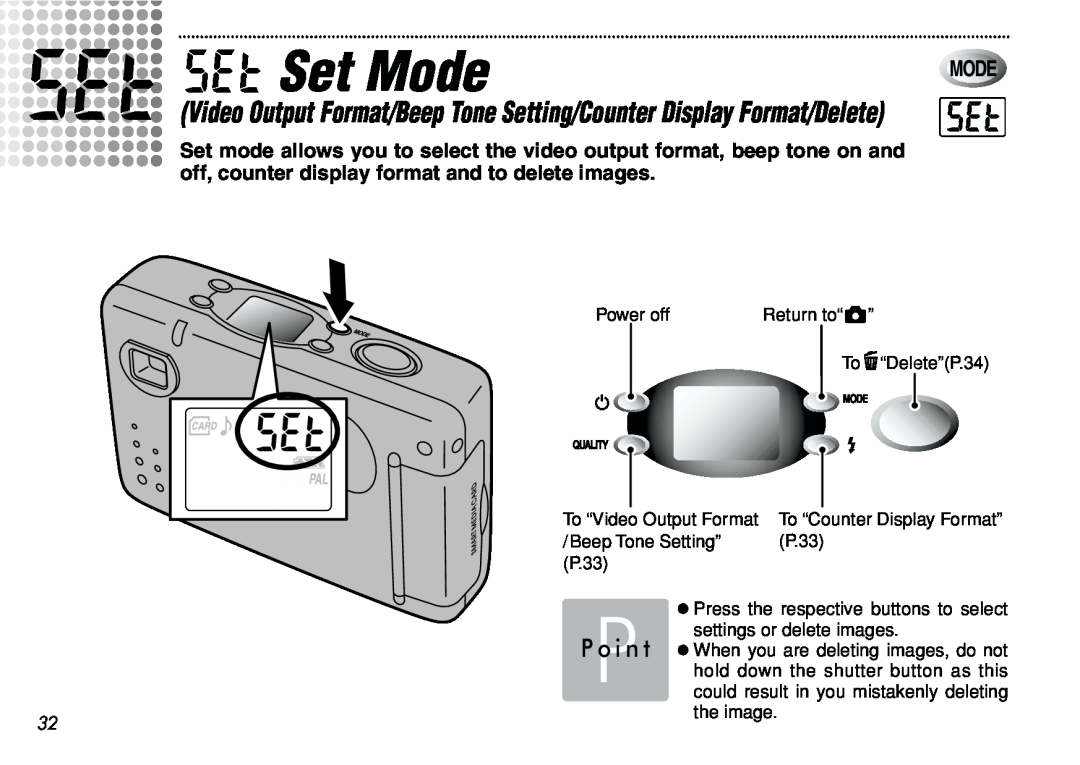 FujiFilm iX-100 user manual 2 2 Set Mode, Video Output Format/Beep Tone Setting/Counter Display Format/Delete 