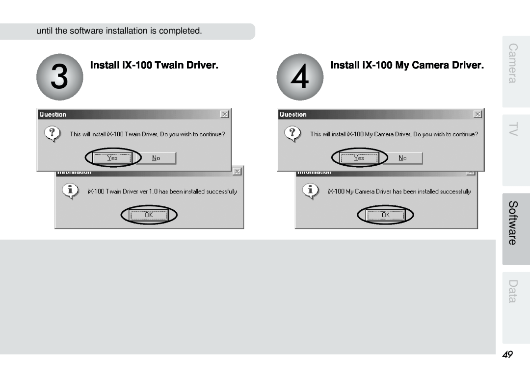 FujiFilm user manual Software Data, Install iX-100 Twain Driver, Install iX-100 My Camera Driver, Camera TV 