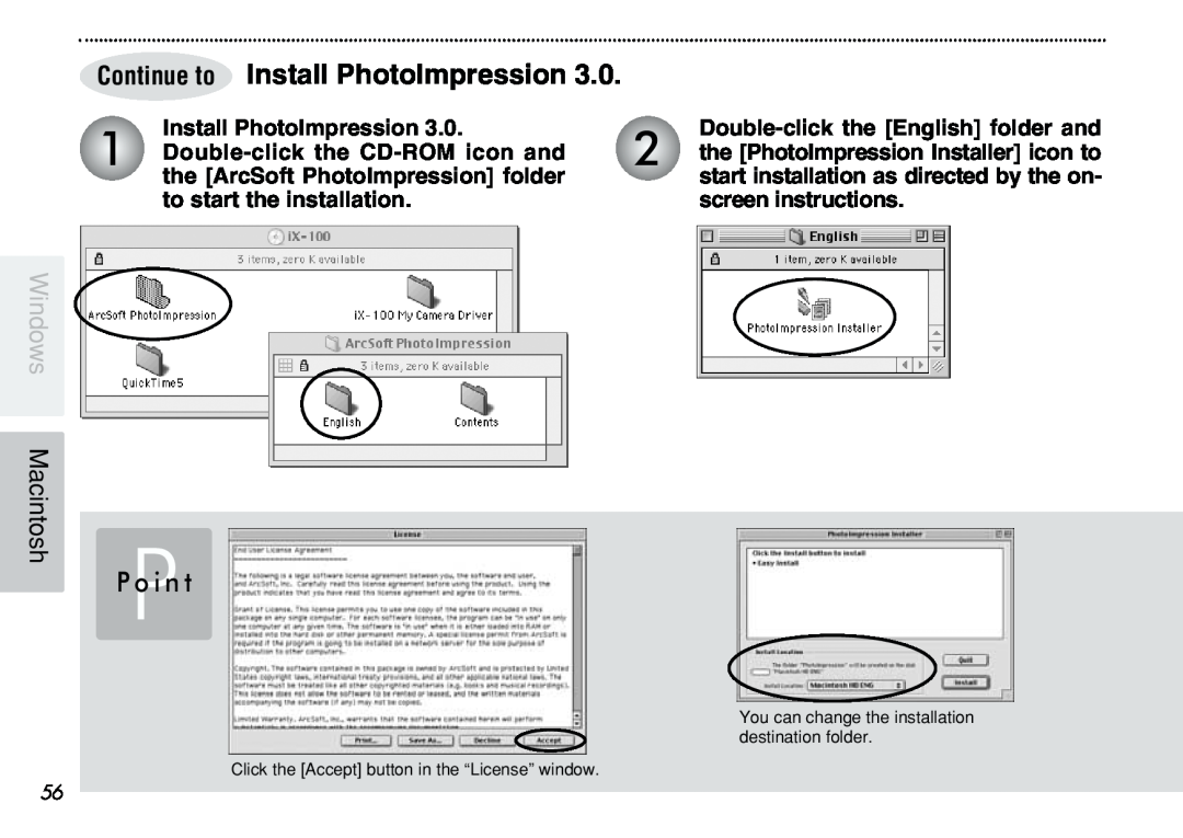 FujiFilm iX-100 Continue to Install PhotoImpression, Double-click the English folder and, PPo i n t, Windows Macintosh 