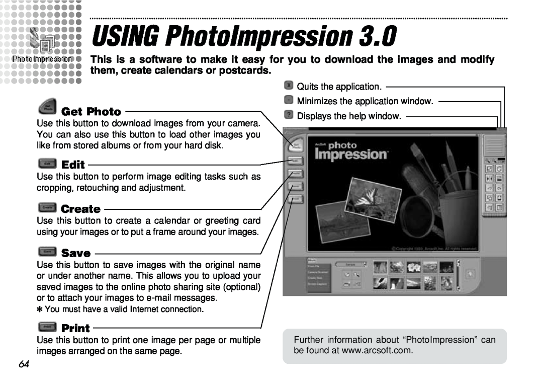 FujiFilm iX-100 user manual USING PhotoImpression, Get Photo, Edit, Create, Save, Print 