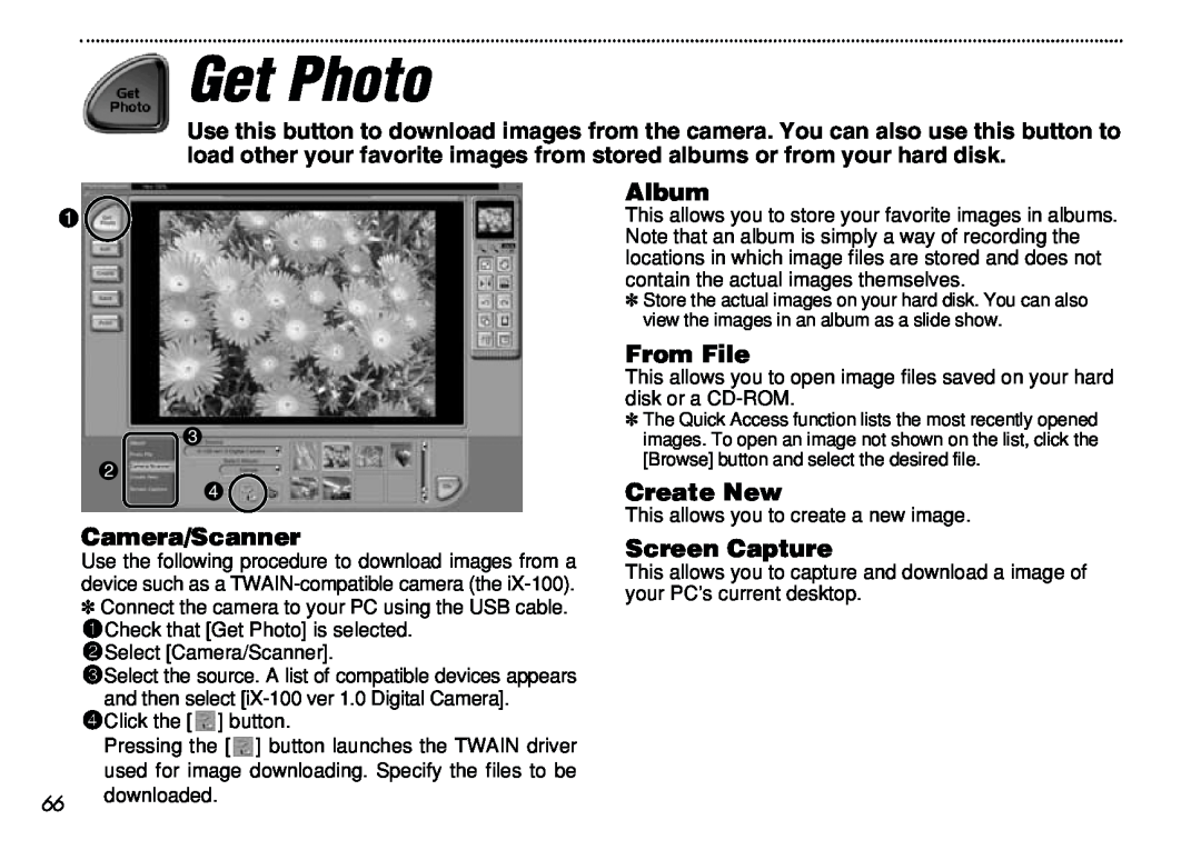 FujiFilm iX-100 user manual Get Photo, Album, From File, Create New, Camera/Scanner, Screen Capture, # @ $ 