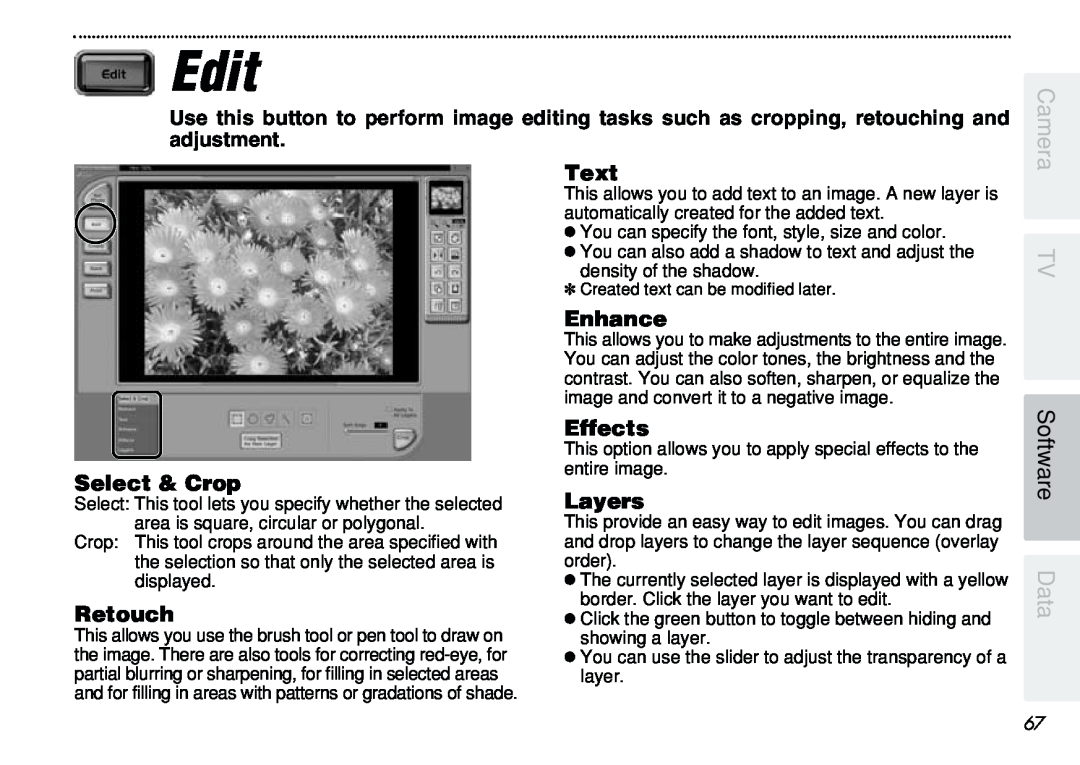 FujiFilm iX-100 user manual Edit, Select & Crop, Retouch, Text, Enhance, Effects, Layers, Software Data, Camera 