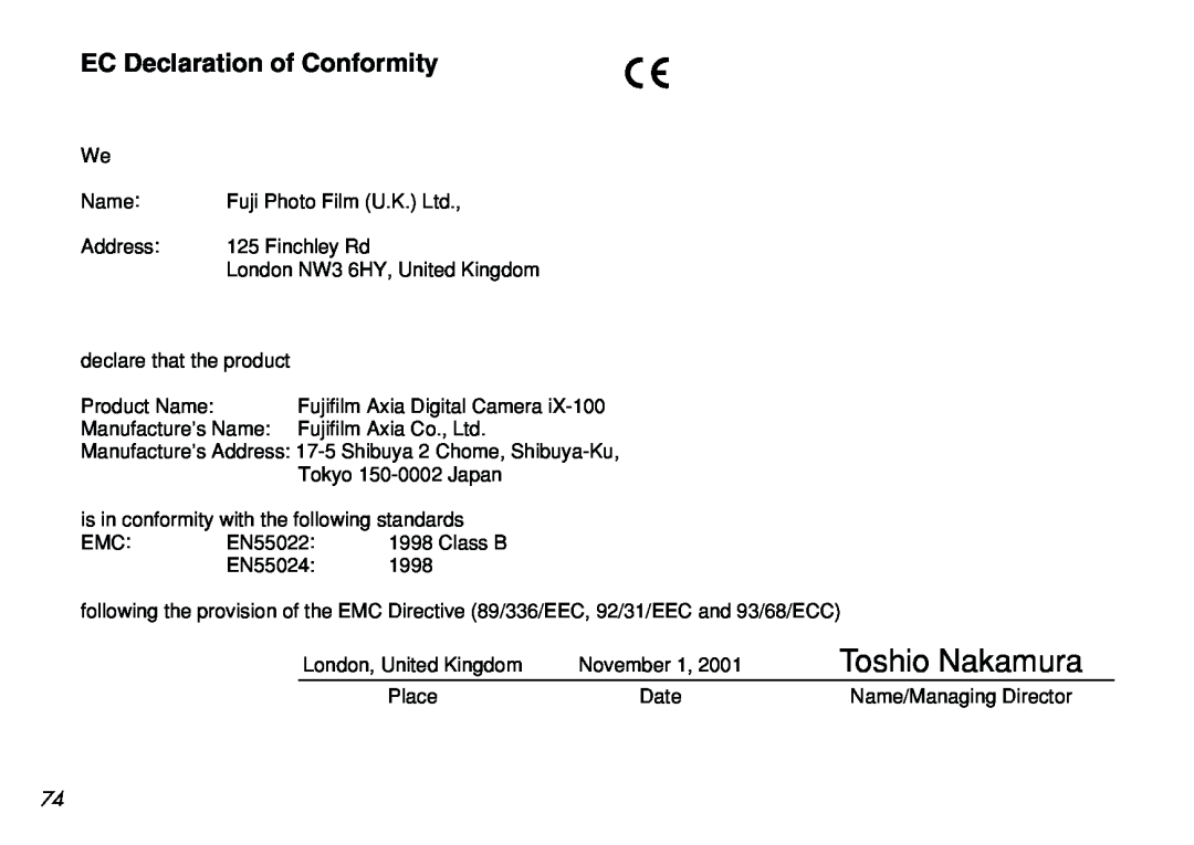 FujiFilm iX-100 user manual EC Declaration of Conformity, Toshio Nakamura 