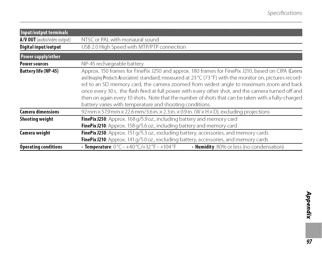 FujiFilm Power sources, Batterylife NP-45, Camera dimensions, Shooting weight FinePixJ250 Approx, FinePixJ210 Approx 