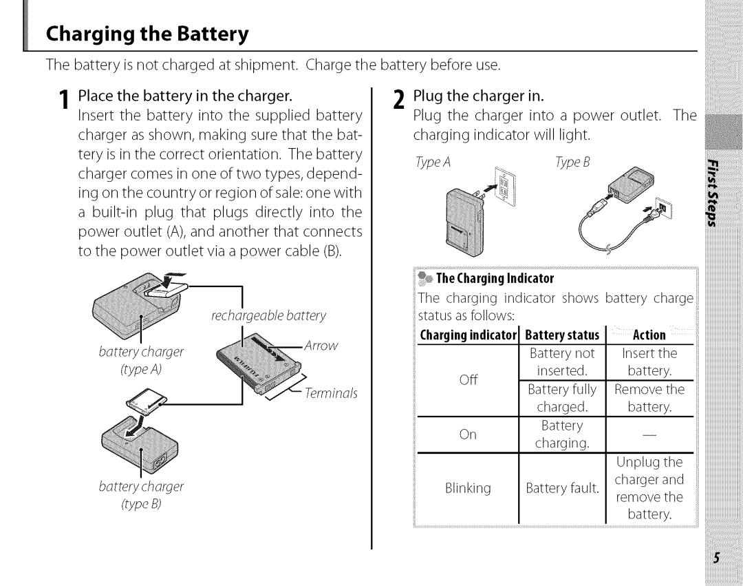 FujiFilm J210 owner manual Charging the Battery, Eablebattery, TypeATypeB 