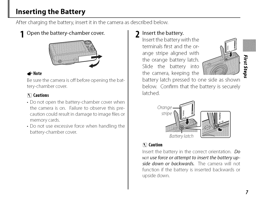 FujiFilm J210 owner manual Inserting the Battery 