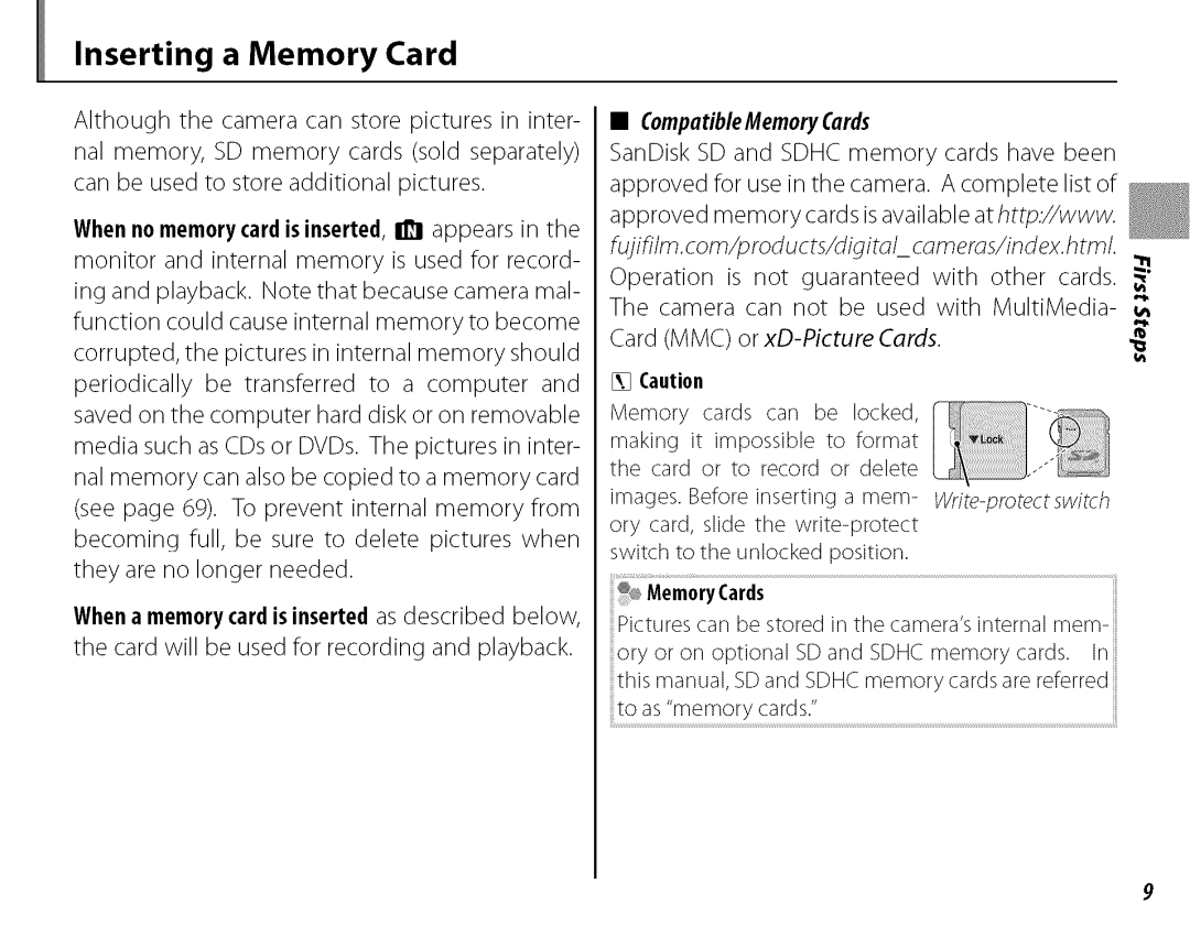 FujiFilm J210 owner manual Inserting a Memory Card, Card will be used for recording and playback, MemoryCards 