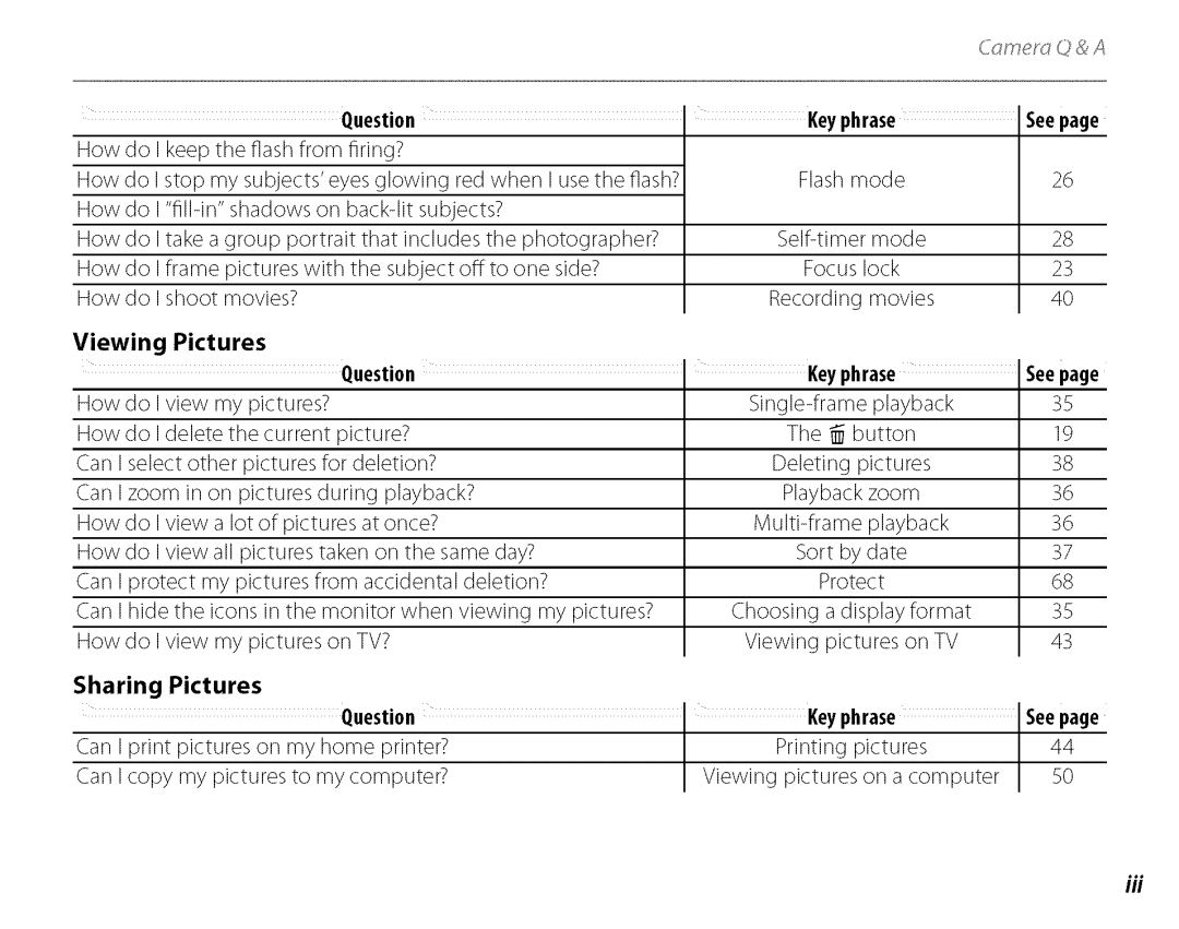 FujiFilm J210 owner manual Viewing Pictures Question Keyphrase Seepage, Sharing Pictures Question Keyphrase 