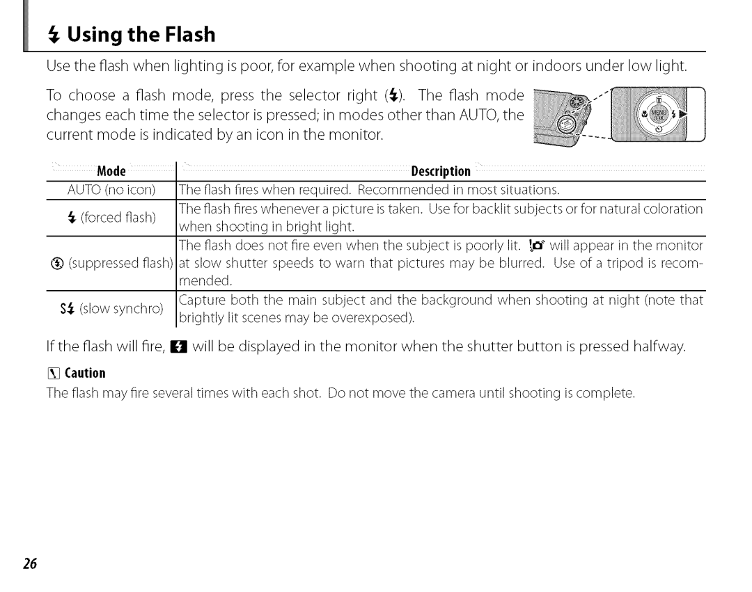 FujiFilm J210 owner manual Using the Flash, Mode Description 