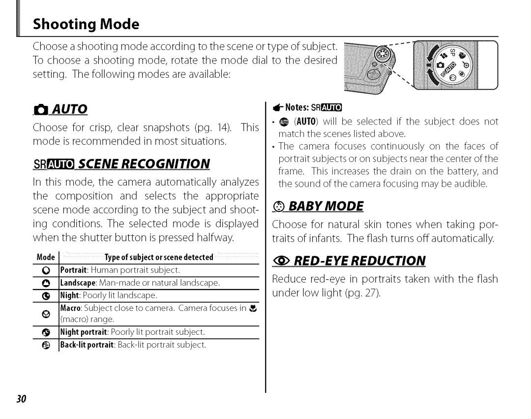 FujiFilm J210 owner manual Shooting Mode, SFJ!itiSCENE Recognition, Mode Type of subject or scene detected 