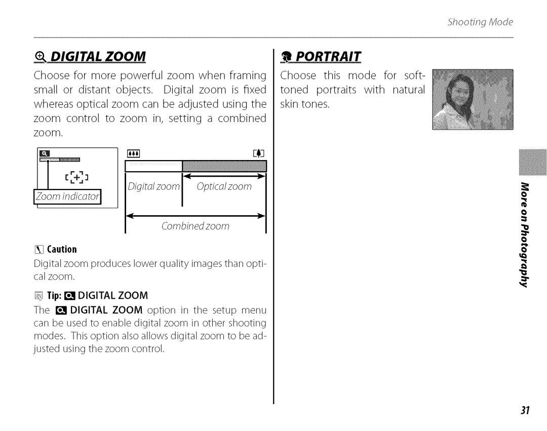 FujiFilm J210 owner manual Digital Zoom, Igid zoom Optics/zoom Bmbinedzoom 