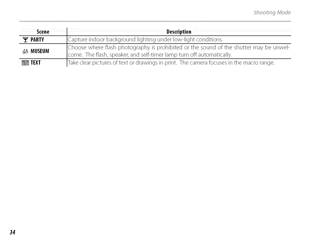 FujiFilm J210 owner manual Scene Description, Party, Capture indoor, Offmuseum, Text 