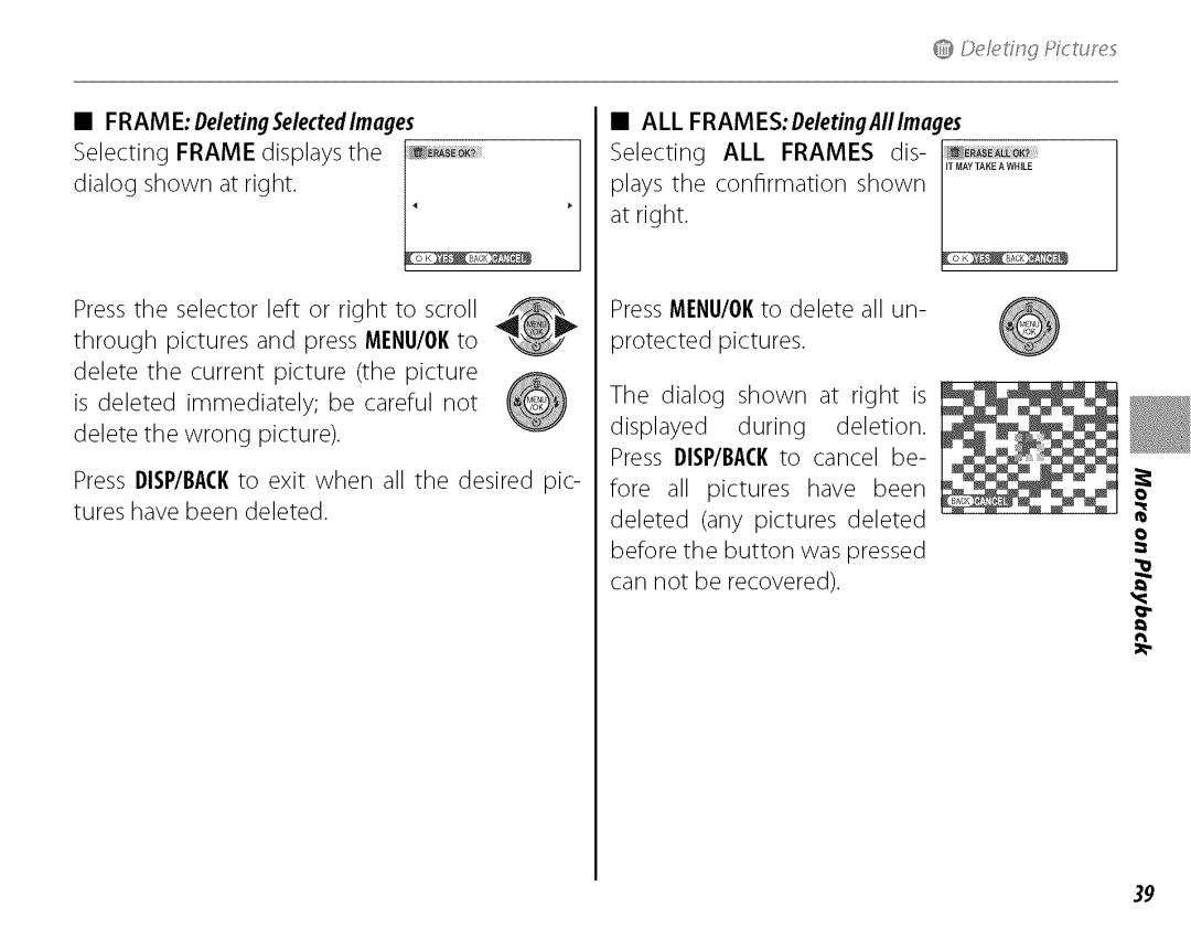 FujiFilm J210 owner manual ALL FRAMESDeletingAlllmages, FRAMEDeletingSelectedlmages 