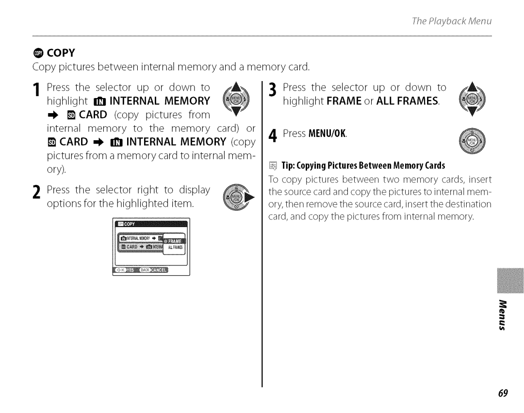 FujiFilm J210 Copy pictures between internal memory and amemory card, Press MENU/OK TipCopyingPicturesBetweenMemoryCards 