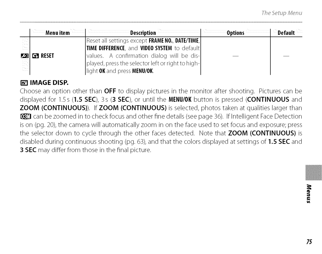 FujiFilm J210 owner manual Reset, Image Disp, TIMEDIFFERENCE, and Videosystem to 