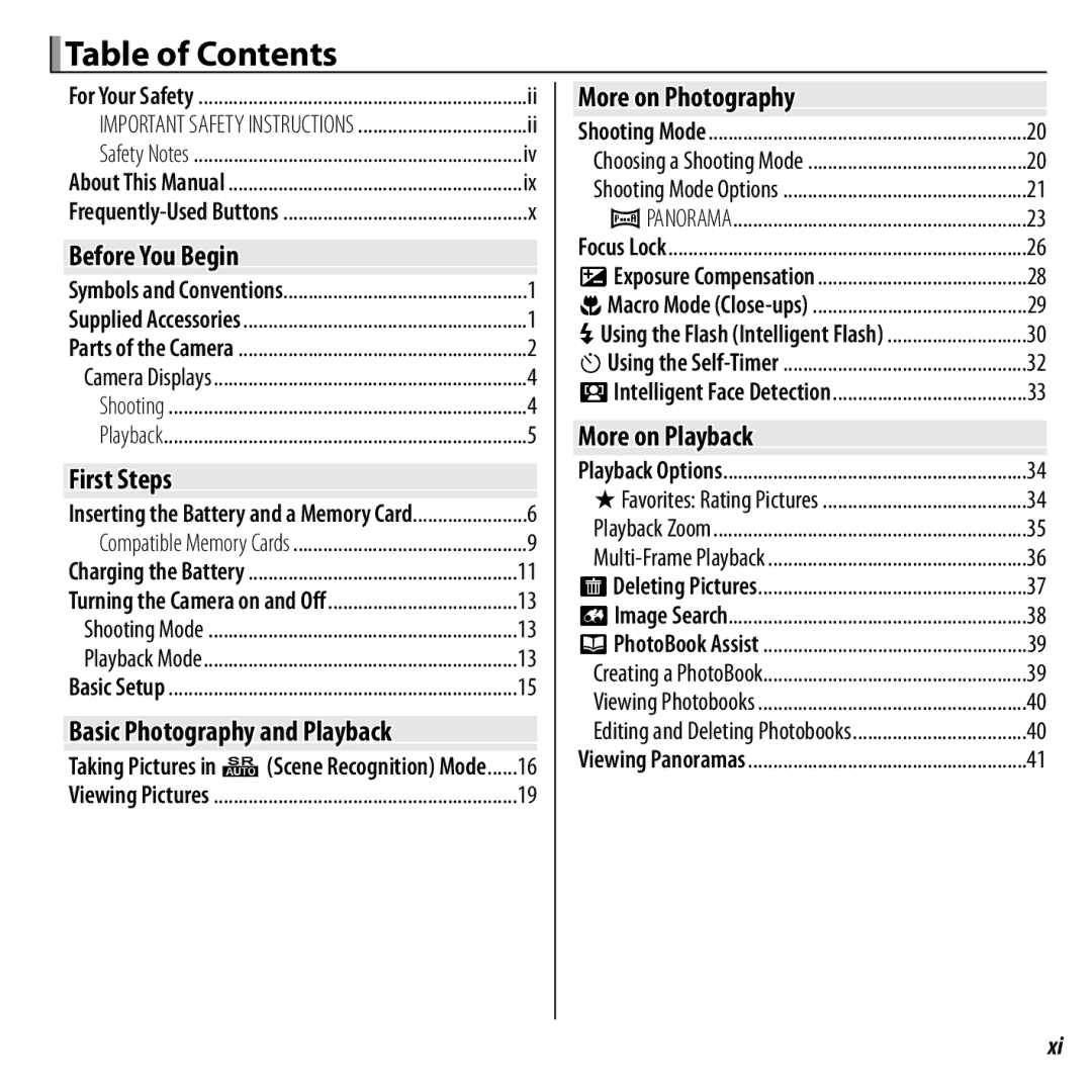 FujiFilm JX420 - JX440, JX290 - JX295, JX330 - JX335, JX370 - JX390 owner manual Table of Contents 