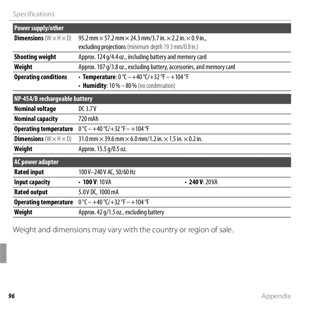 FujiFilm JX370 - JX390 owner manual Shooting weight, Weight, Nominal voltage, Nominal capacity, Rated input, Input capacity 