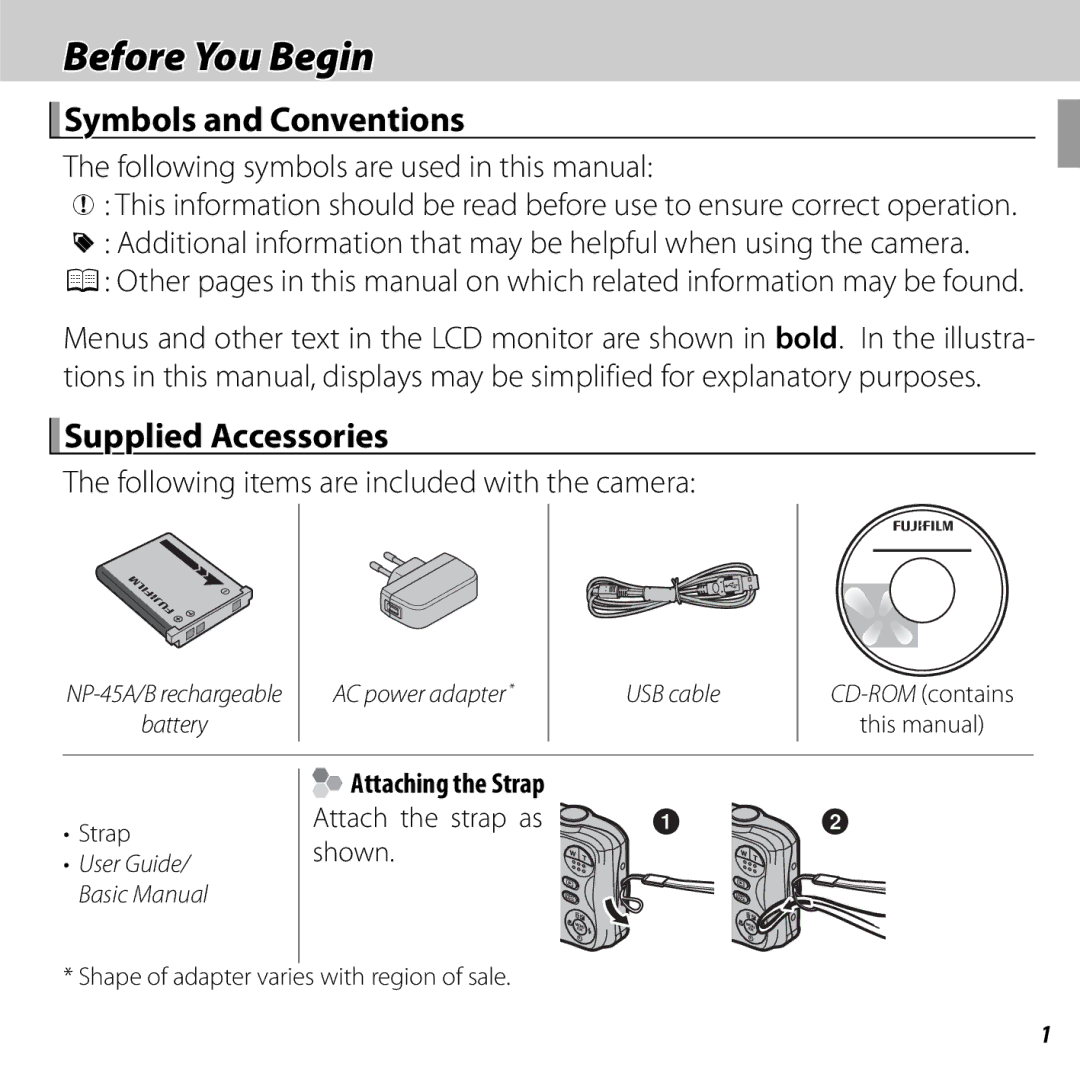 FujiFilm JX420 - JX440, JX290 - JX295, JX330 - JX335 Before You Begin, Symbols and Conventions, Supplied Accessories 