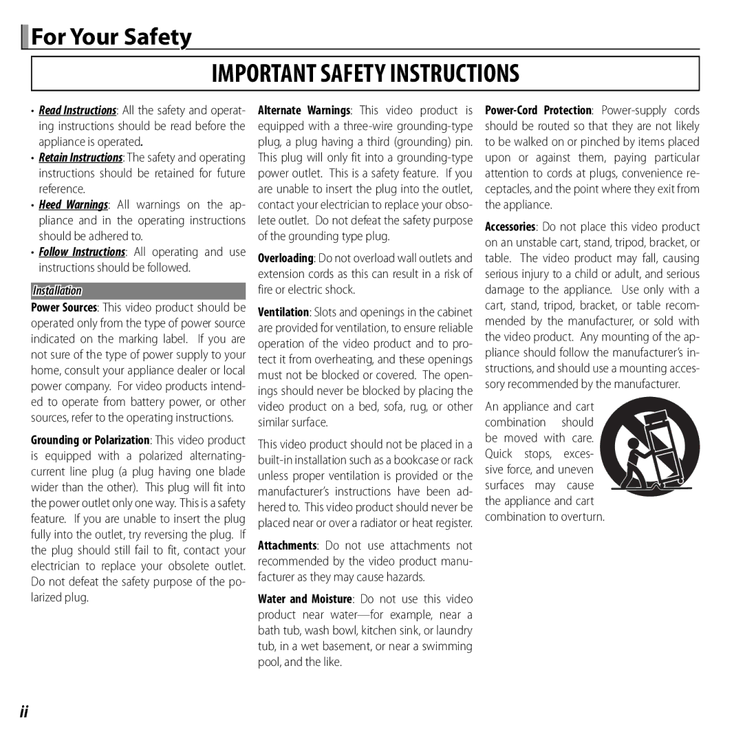 FujiFilm JX370 - JX390, JX290 - JX295, JX330 - JX335, JX420 - JX440 Important Safety Instructions, For Your Safety 