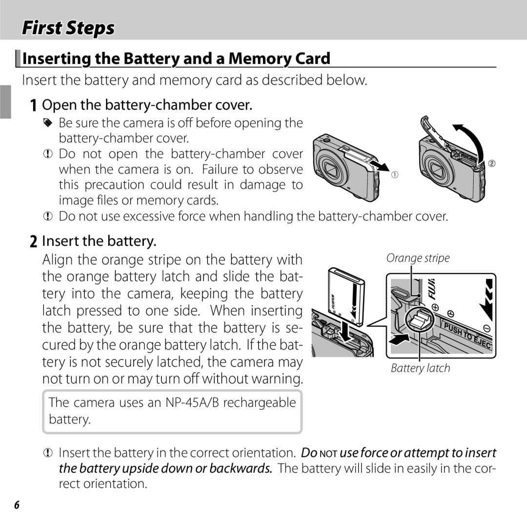 FujiFilm JX290 - JX295, JX330 - JX335 owner manual First Steps, Inserting the Battery and a Memory Card, Insert the battery 