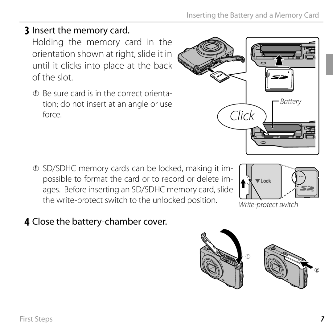 FujiFilm JX330 - JX335, JX290 - JX295, JX370 - JX390, JX420 - JX440 owner manual Click, Close the battery-chamber cover 