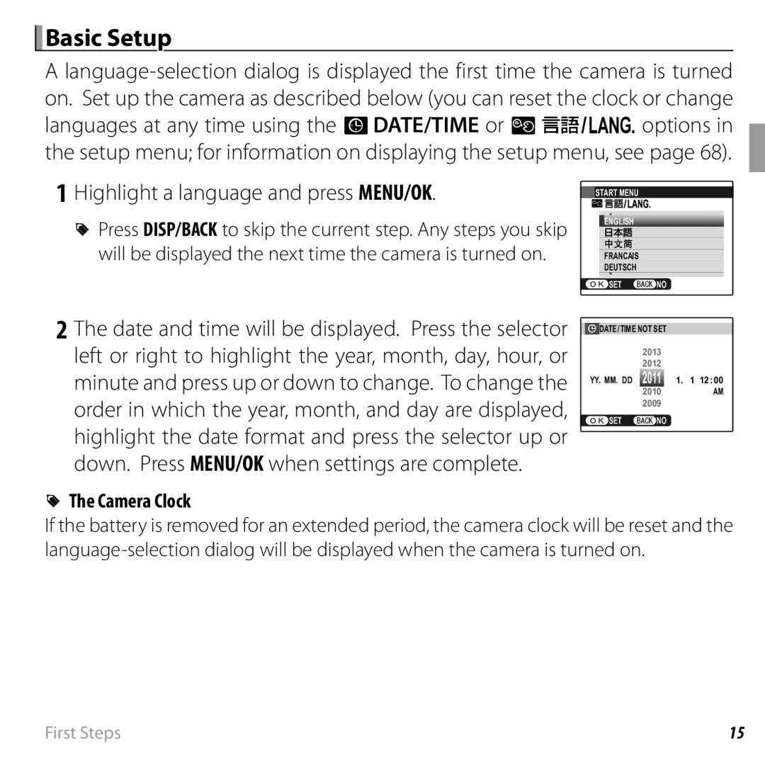 FujiFilm JX330 - JX335, JX290 - JX295, JX370 - JX390 Basic Setup, Highlight a language and press MENU/OK, Camera Clock 