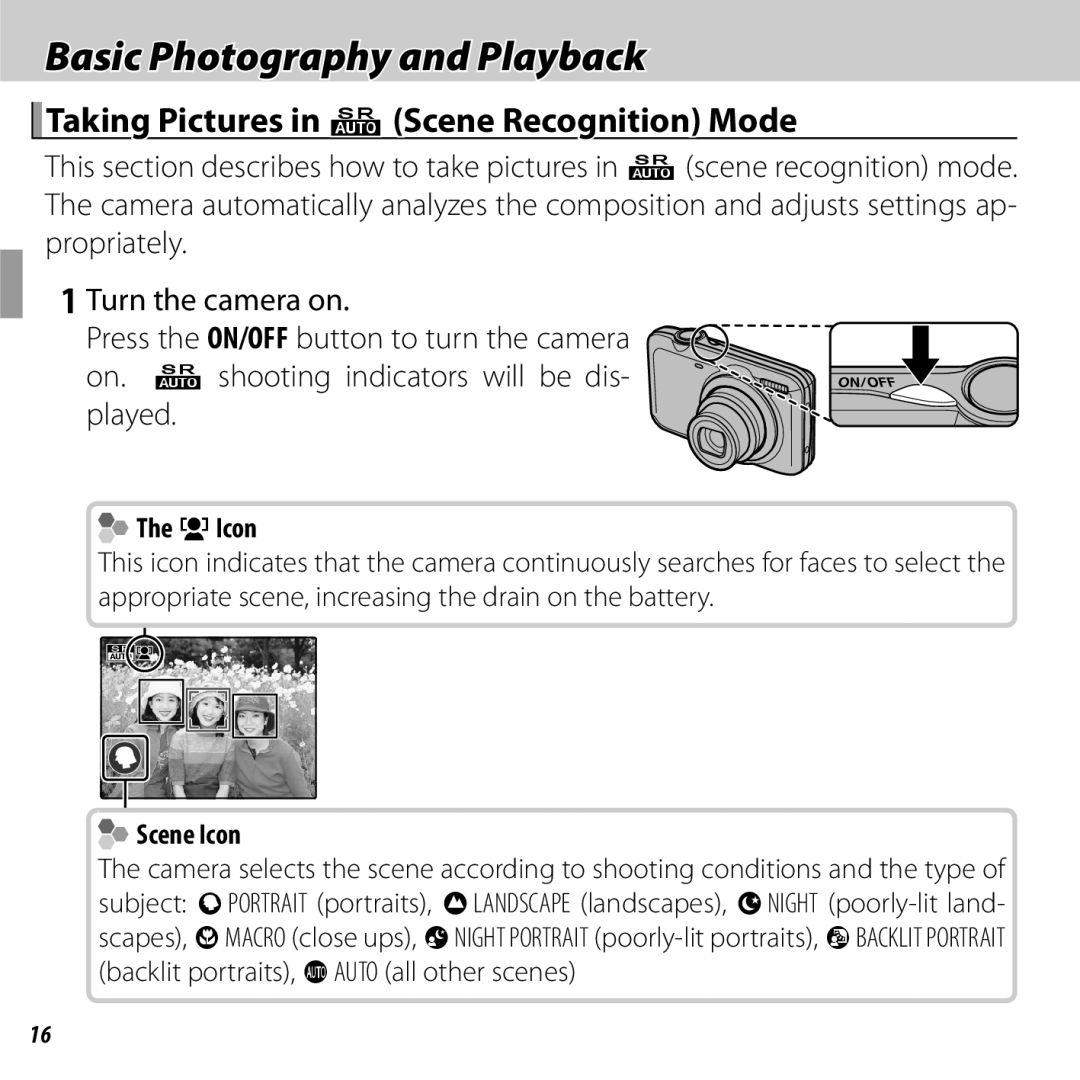 FujiFilm JX370 - JX390 Basic Photography and Playback, Taking Pictures in QScene Recognition Mode, GIcon, Scene Icon 